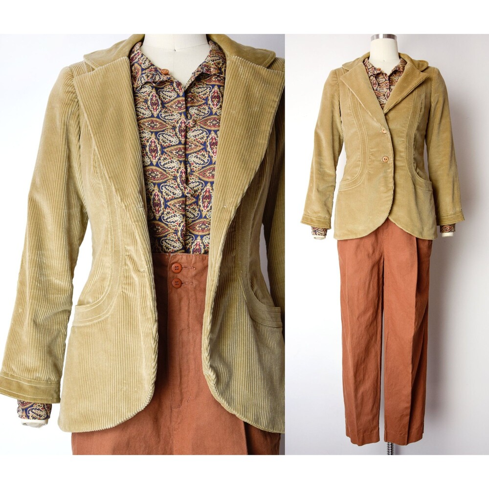 1970s Corduroy Jacket Size XS 70s Wide Wale Corduroy Blazer in Khaki Brown